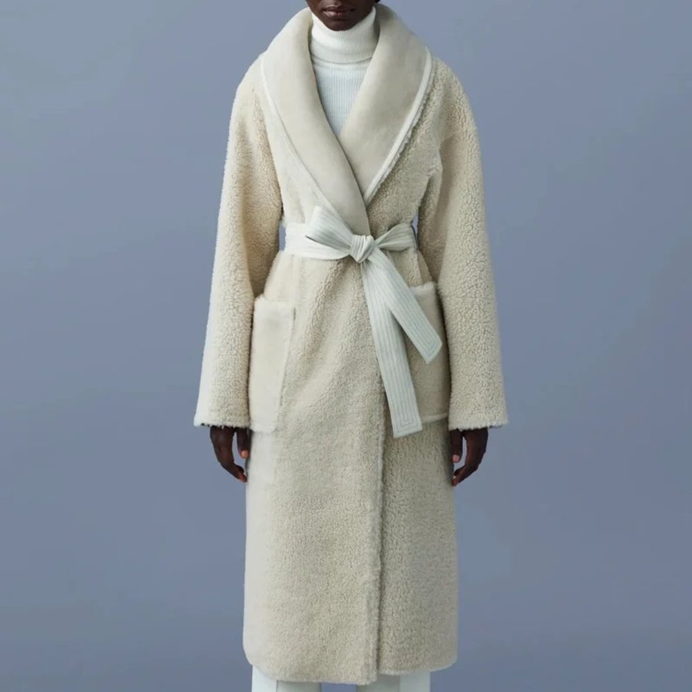 NWT Mackage Women's Hana 2-in-1 Leather Shearling Belted Robe Coat Cream Size XS